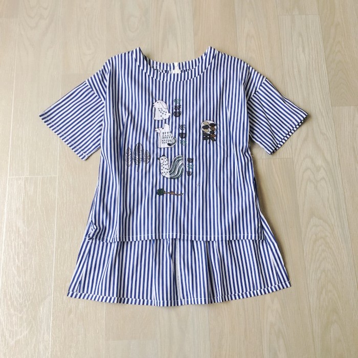 女装日单拉链松紧腰刺绣卡通前短后长时尚夏季蓝色条纹女纯棉衬衫