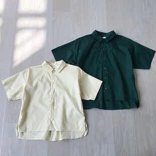 男童日单翻领按钮宽松版棉质短袖休闲帅气小童上衣夏秋中大童衬衫