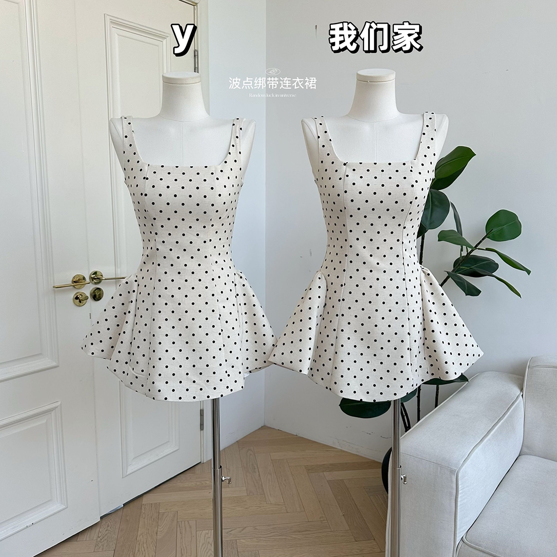 波点植绒面料掐腰绑带连衣裙女