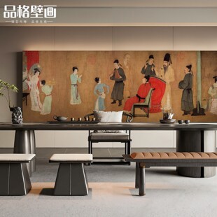 复古中式国画背景墙纸茶室棋牌室壁画会所包厢壁纸韩熙载夜宴壁画