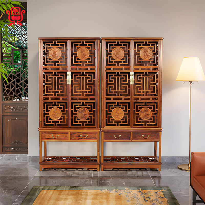 金鼎红木【镂空雕花圆角柜】缅甸酸枝木明清古典书柜家具古董柜子