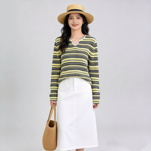 2026春夏新款韩版宽松显瘦百搭条纹针织衫女毛衣上衣镂空羊毛衫