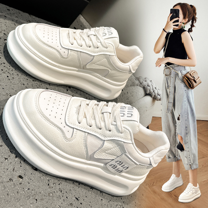 真皮小白鞋女休闲松糕圆头板鞋