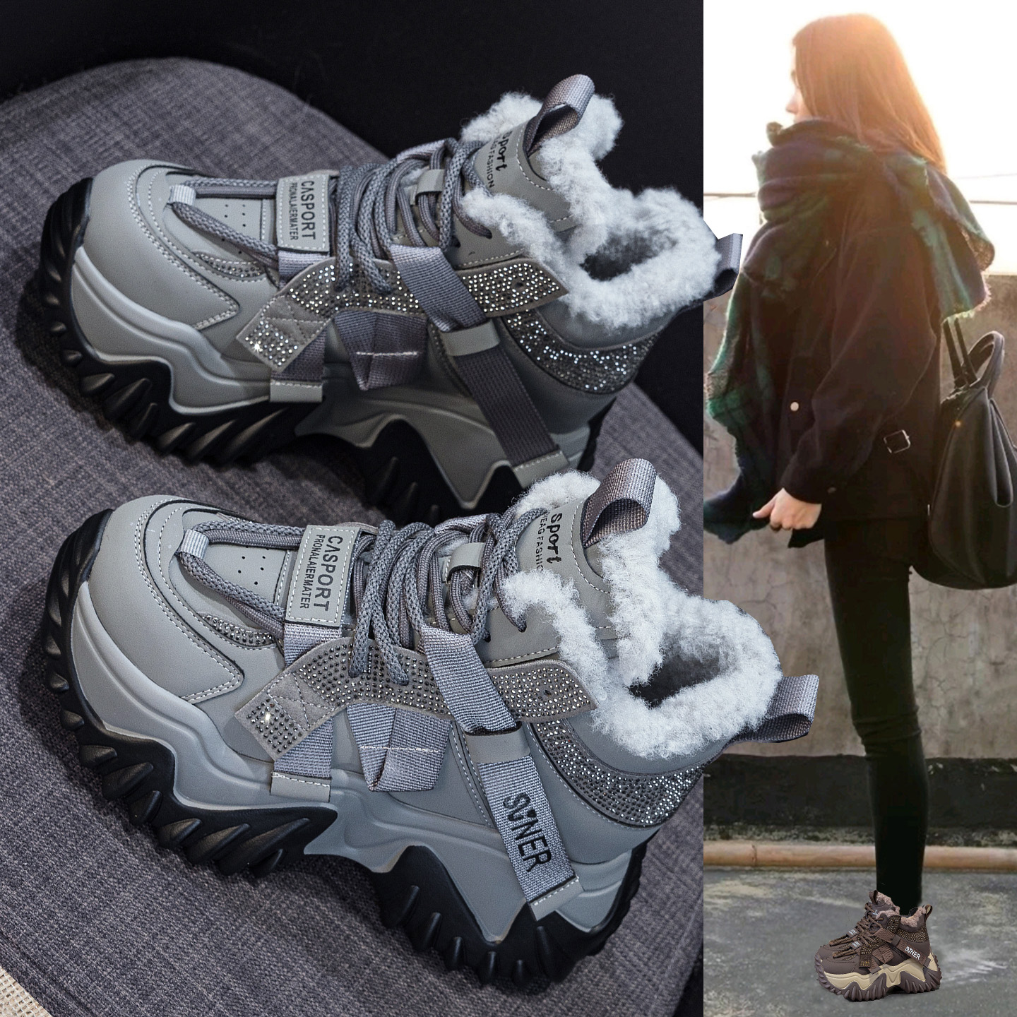 厚底老爹鞋女2025新款冬加绒保暖