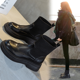 黑色马丁靴女英伦风2025秋冬新款袜子靴配裙子的瘦瘦靴超火小短靴