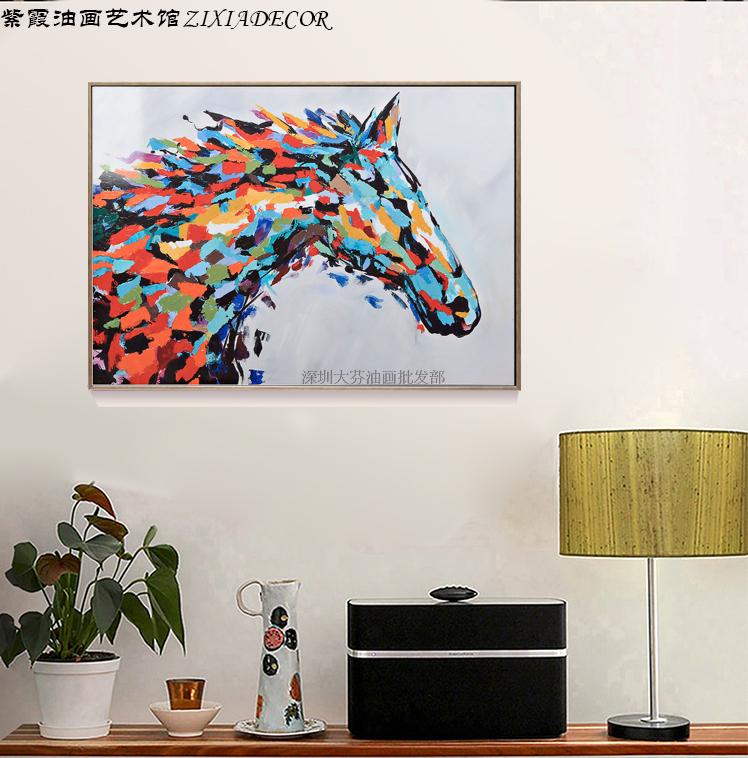 马到成功美式抽象油画横幅马头动物风景装饰画手绘客厅玄关欧式画图片