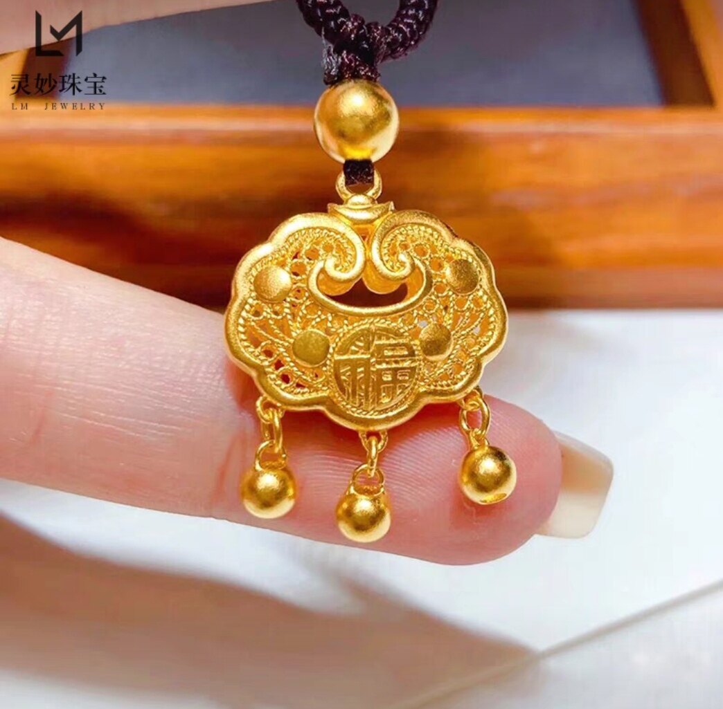 金店同款999沙金福字金锁吊坠儿童长命锁宝宝满月礼金饰久不掉色