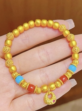 古法沙金锤纹小金坨老型珠绿松手链实心胖福苹果 珠手串国风