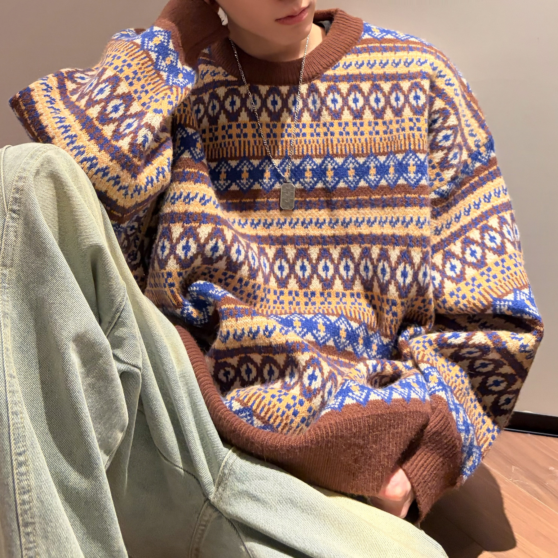 潮流复古费尔岛圆领毛衣A425-M26653-P78控98面料聚酯,男装针织衫/毛衣,电商A425