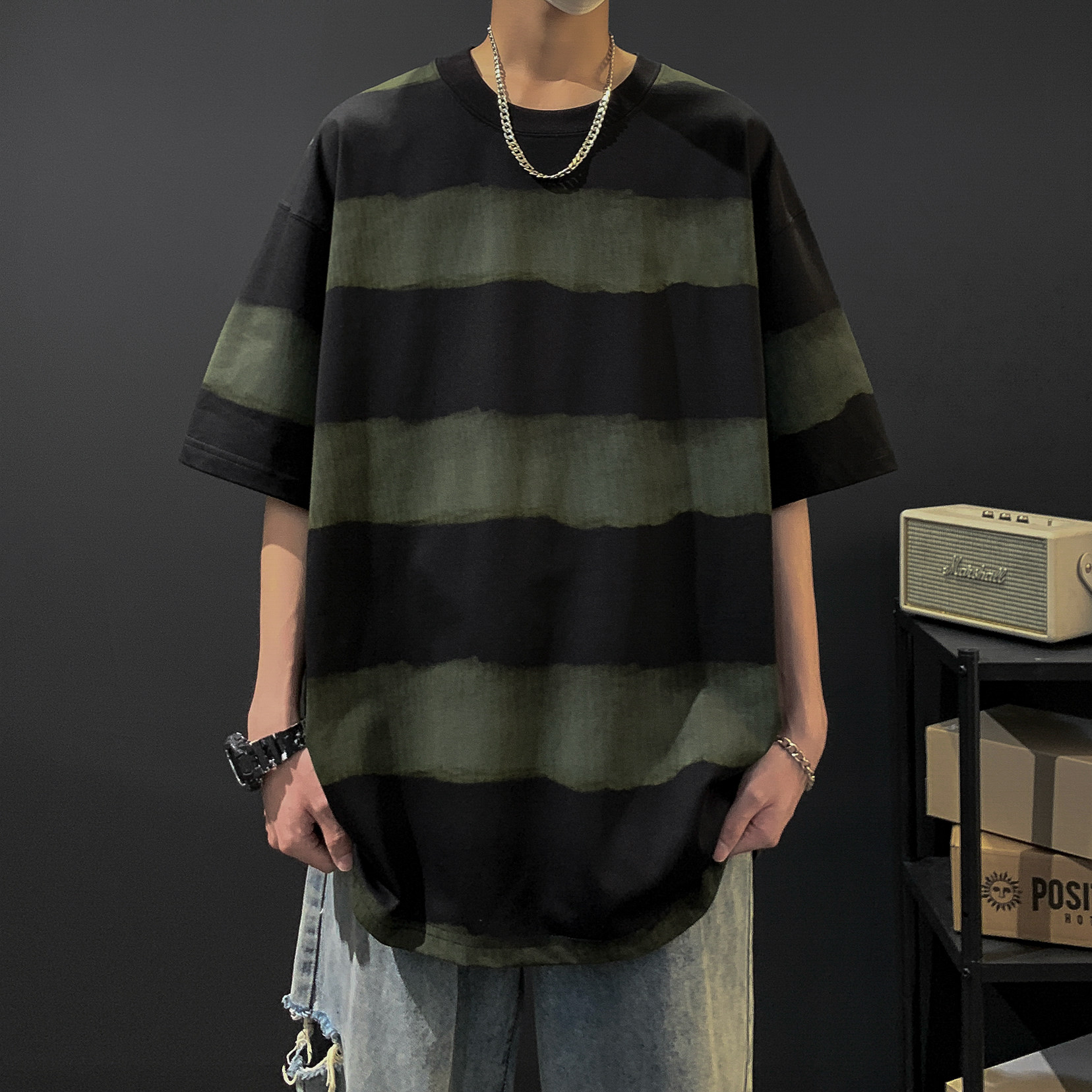 潮流条纹做旧短袖T恤A425-T3734-P48控58面料棉,男装T恤,电商A425