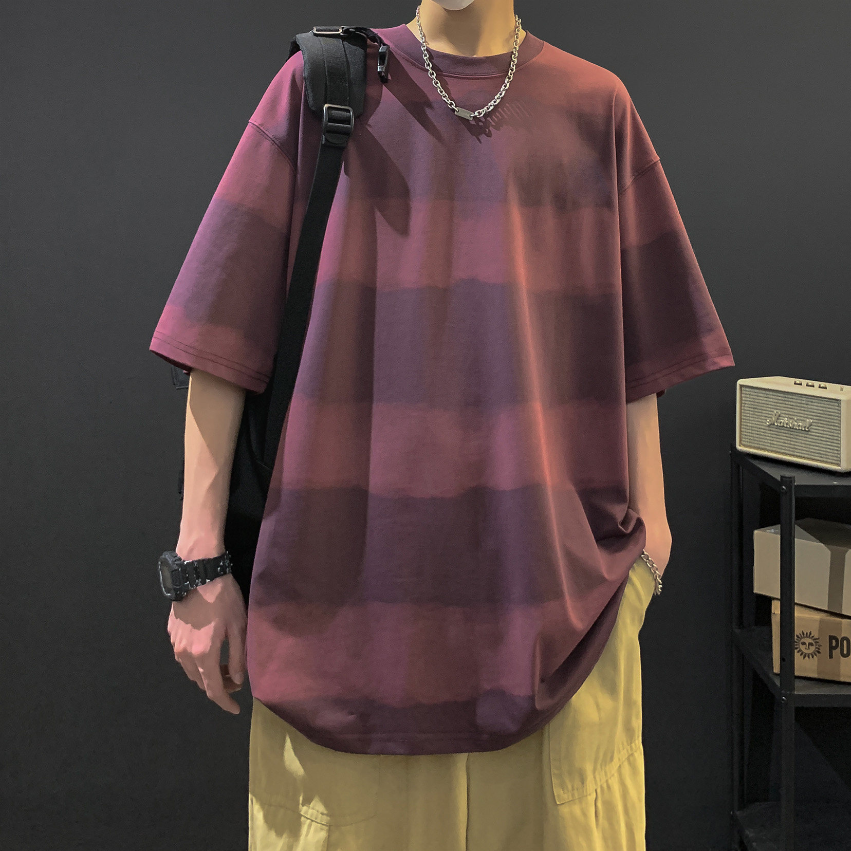 潮流条纹做旧短袖T恤A425-T3734-P48控58面料棉,男装T恤,电商A425