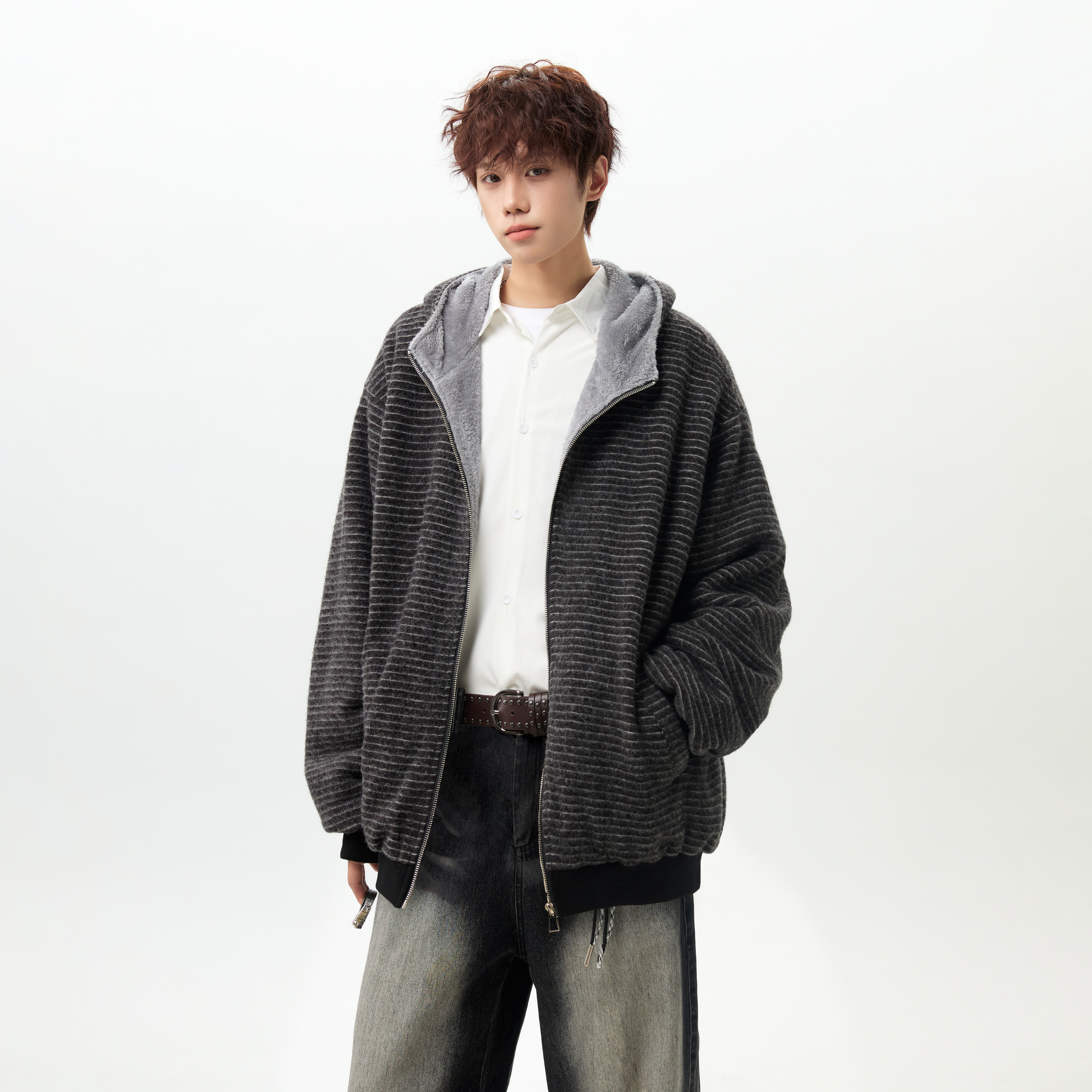 潮流条纹绒毛连帽外套棉服A425-Y532-P138控178面料聚酯,男装棉衣,电商A425