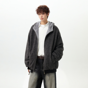 潮流条纹绒毛连帽外套棉服A425-Y532-P138控178面料聚酯图片