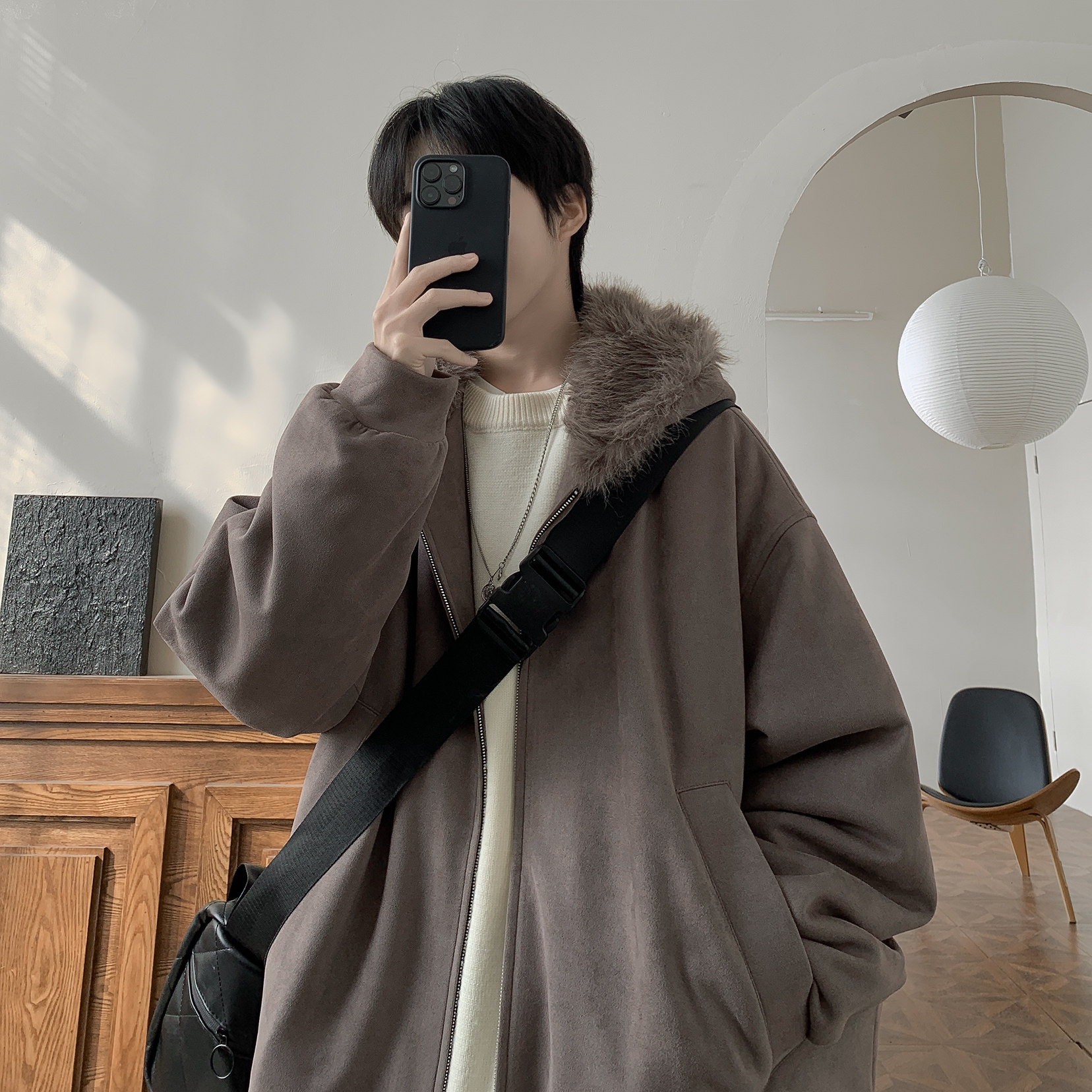 百搭麂皮绒棉服连帽外套毛领A425-W9121-P120控168面料92%聚酯8%,男装棉衣,电商A425
