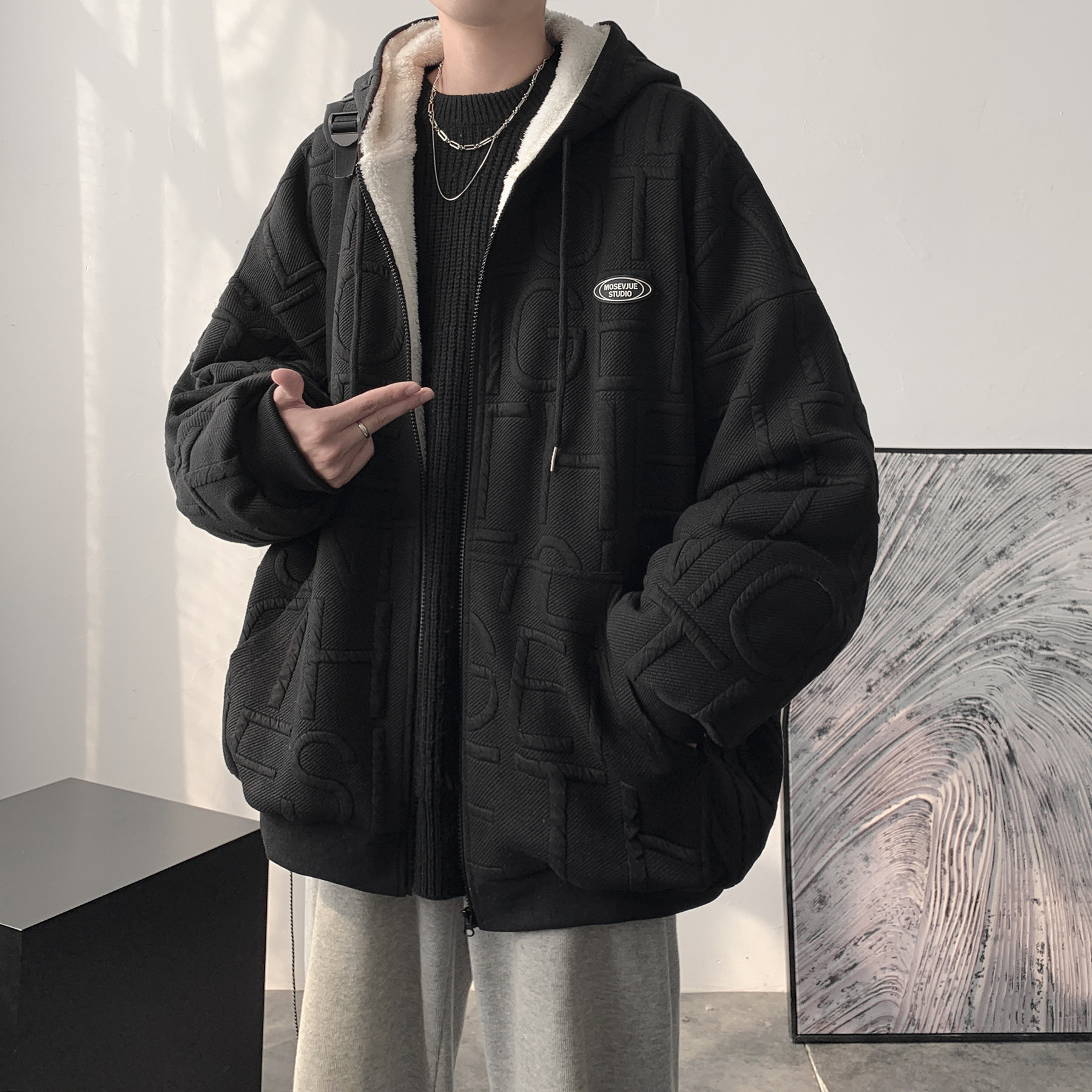 羊羔毛连帽立体字母连帽外套棉服A425-Y528-P108控128,男装棉衣,电商A425