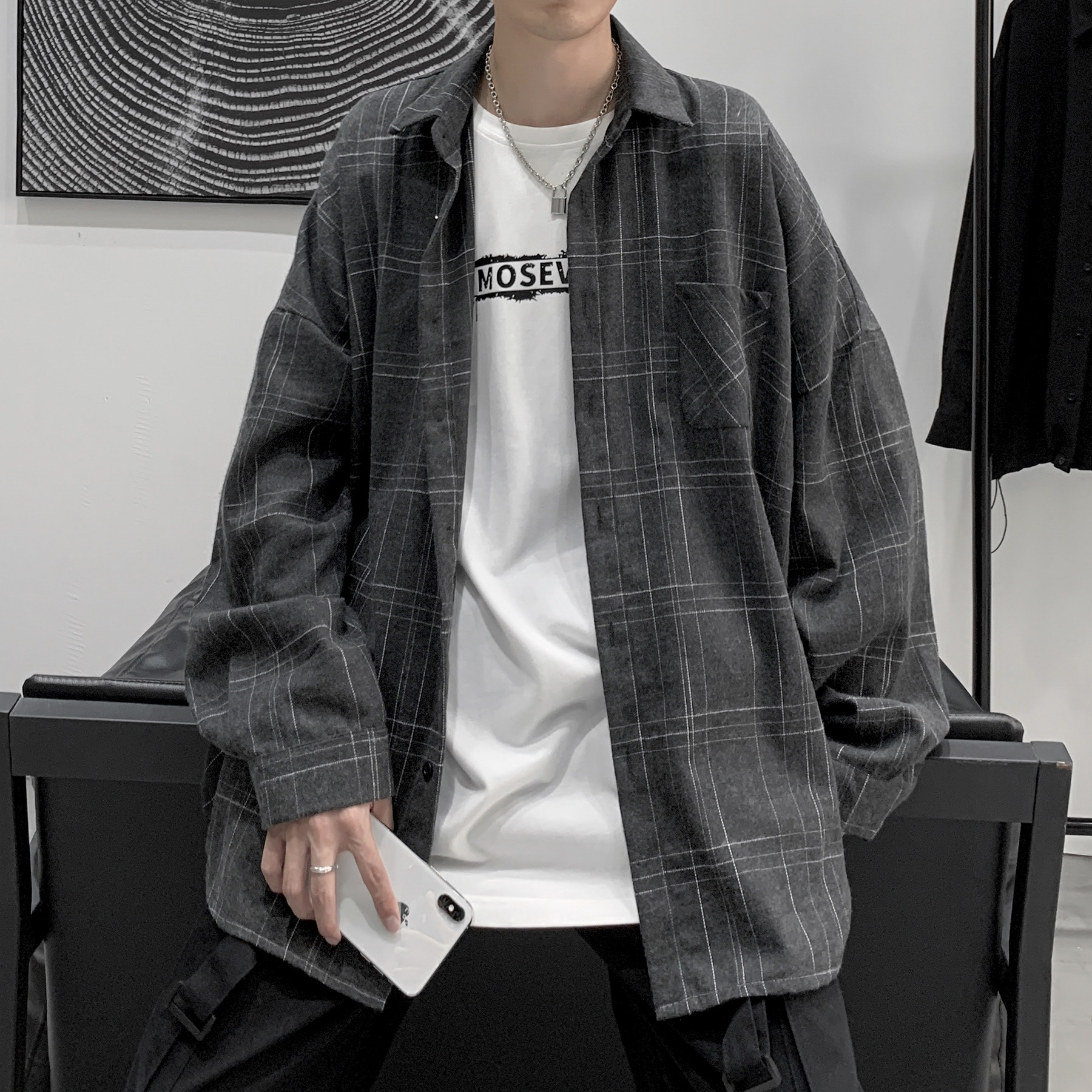 春装男士格子衬衫长袖衬衣宽松港风A425-C297-P55控69,男装衬衫,电商A425