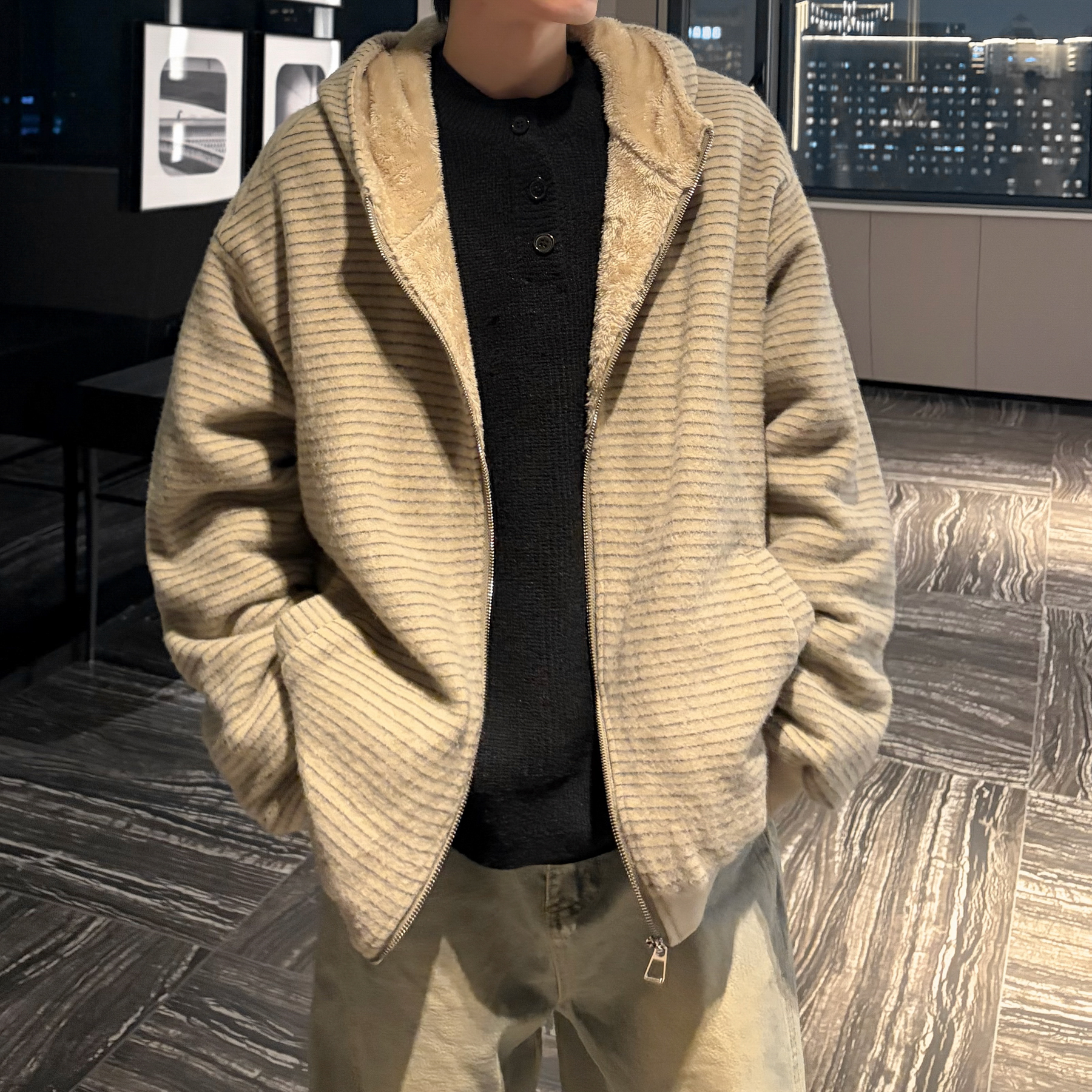 潮流条纹绒毛连帽外套棉服A425-Y532-P138控178面料聚酯，男装棉衣，电商A425