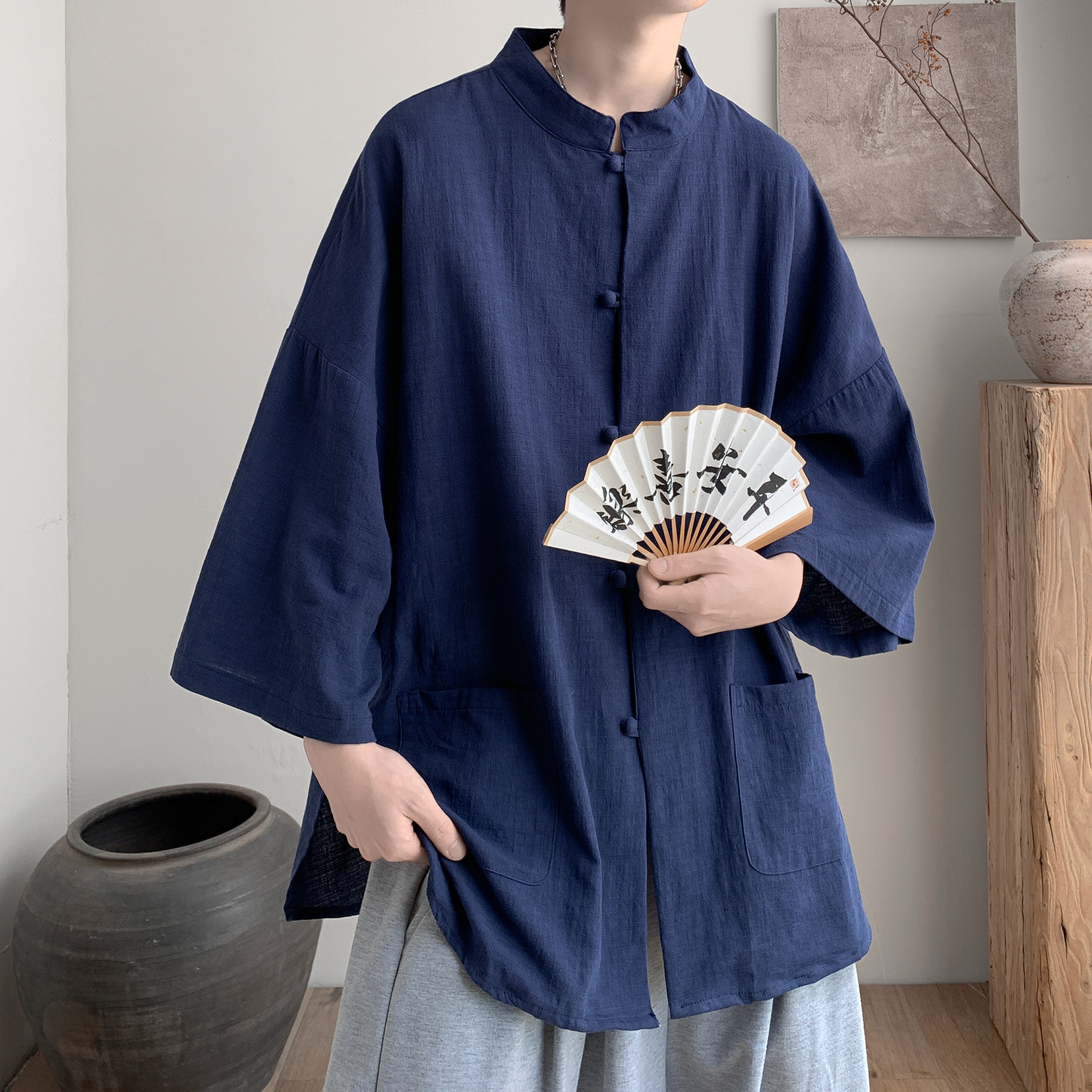 纯色新中式立领七分袖衬衫A425-C2758-p58控79面料棉,男装衬衫,电商A425
