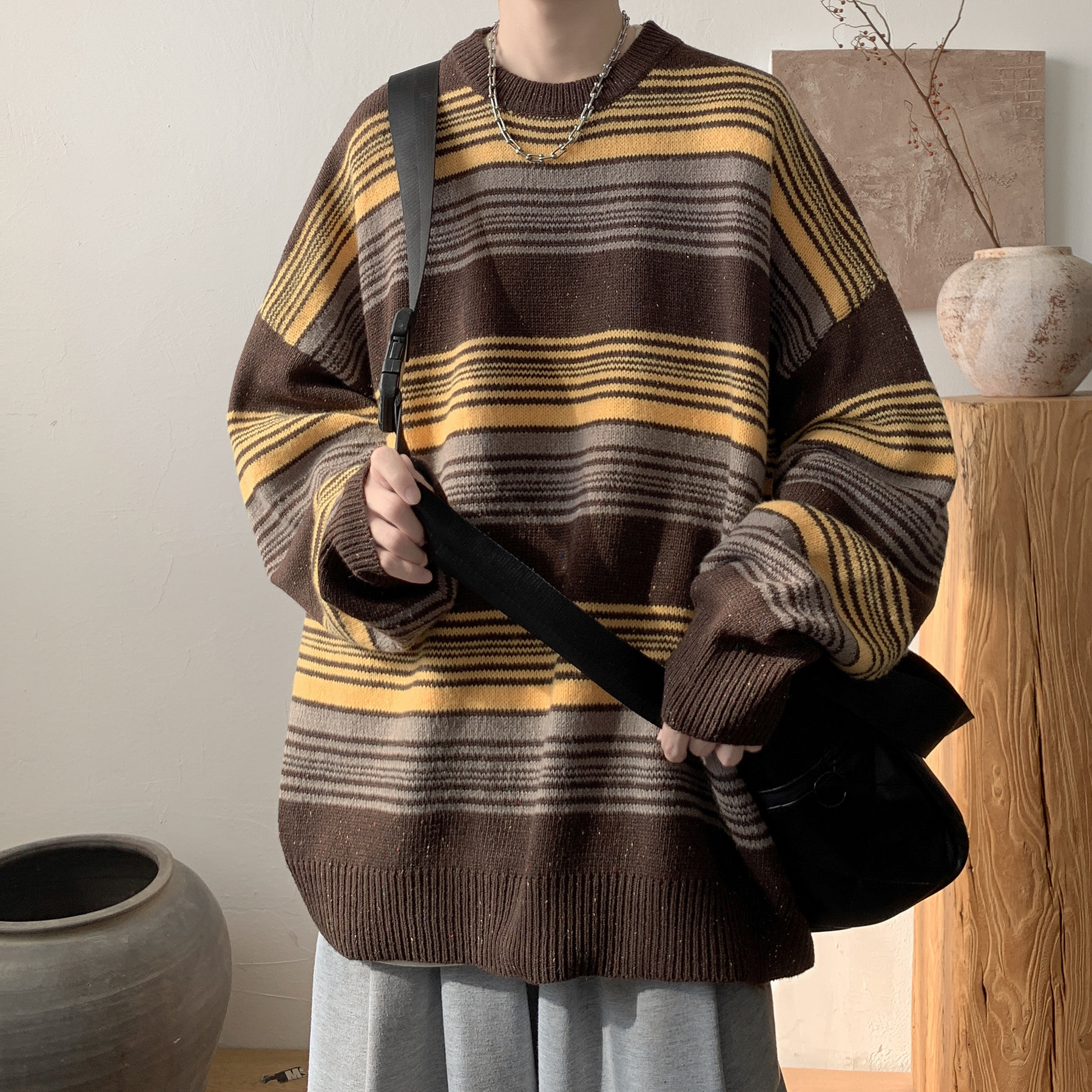 潮流百搭杂色条纹毛衣A425-M2160-P78控98面料65%棉35%聚酯,男装针织衫/毛衣,电商A425
