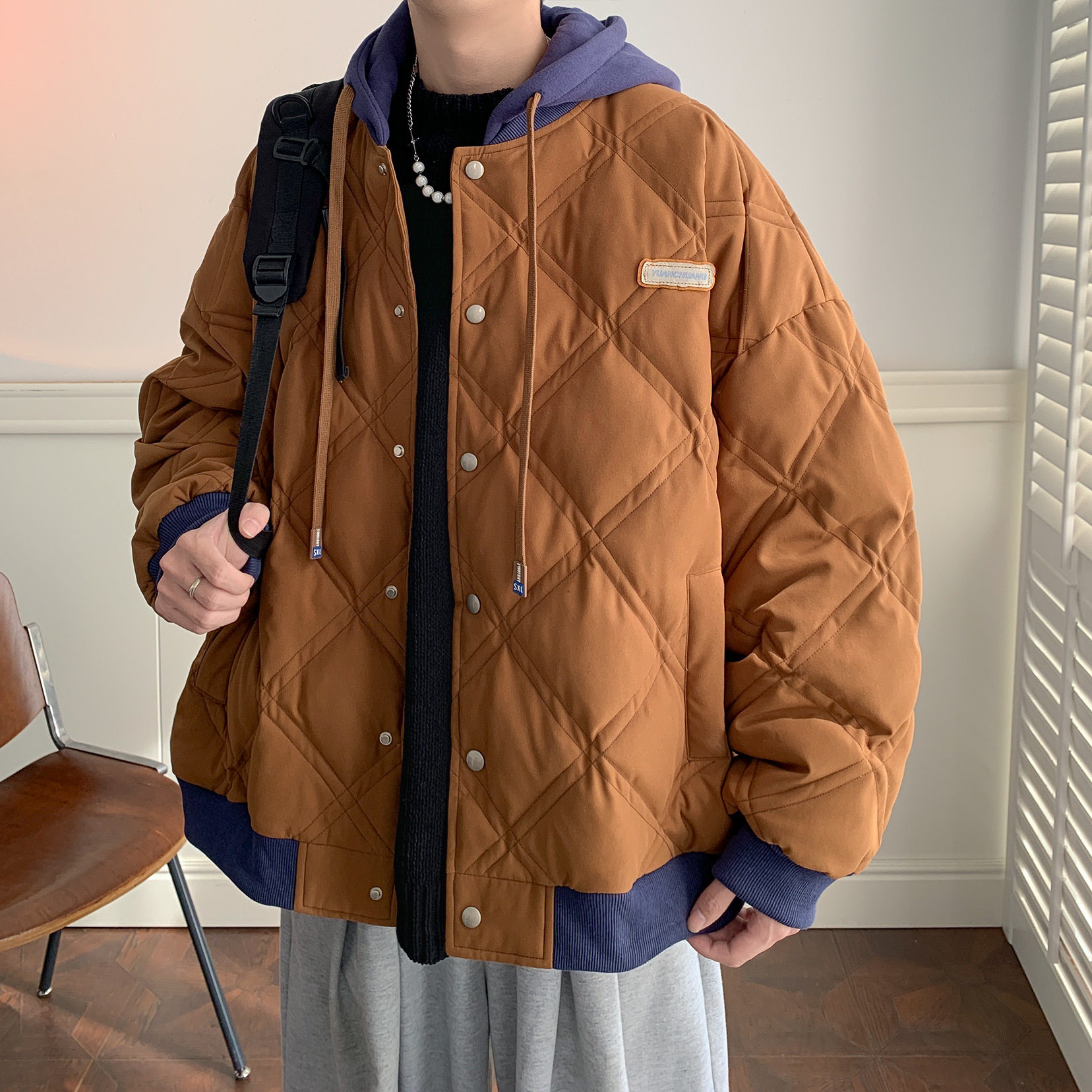 双线菱形格连帽棉衣外套A425-W956-P138控168,男装棉衣,电商A425