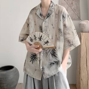 风棉麻竹子短袖衬衫A425-C2759-P48控58面料聚酯图片