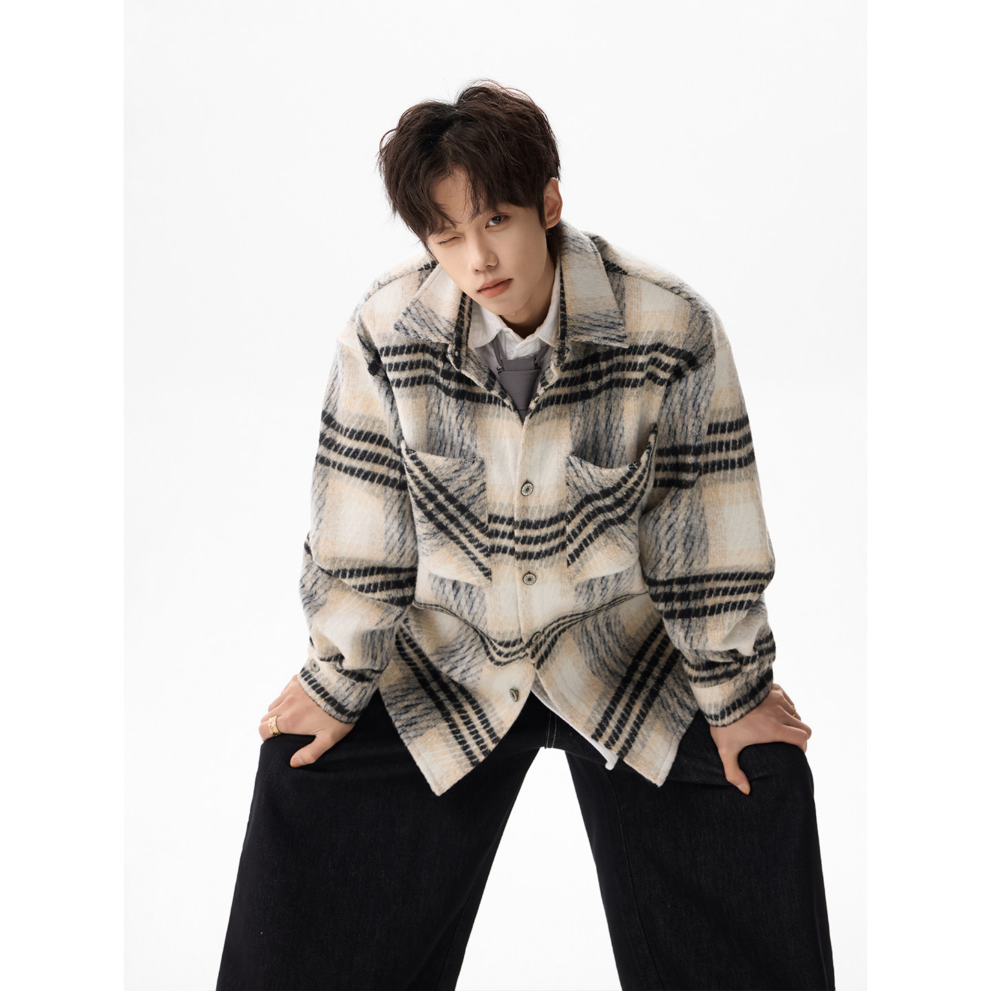 潮流格子呢料外套夹克A425-N997-控138面料聚酯-呢料，男装夹克，电商A425