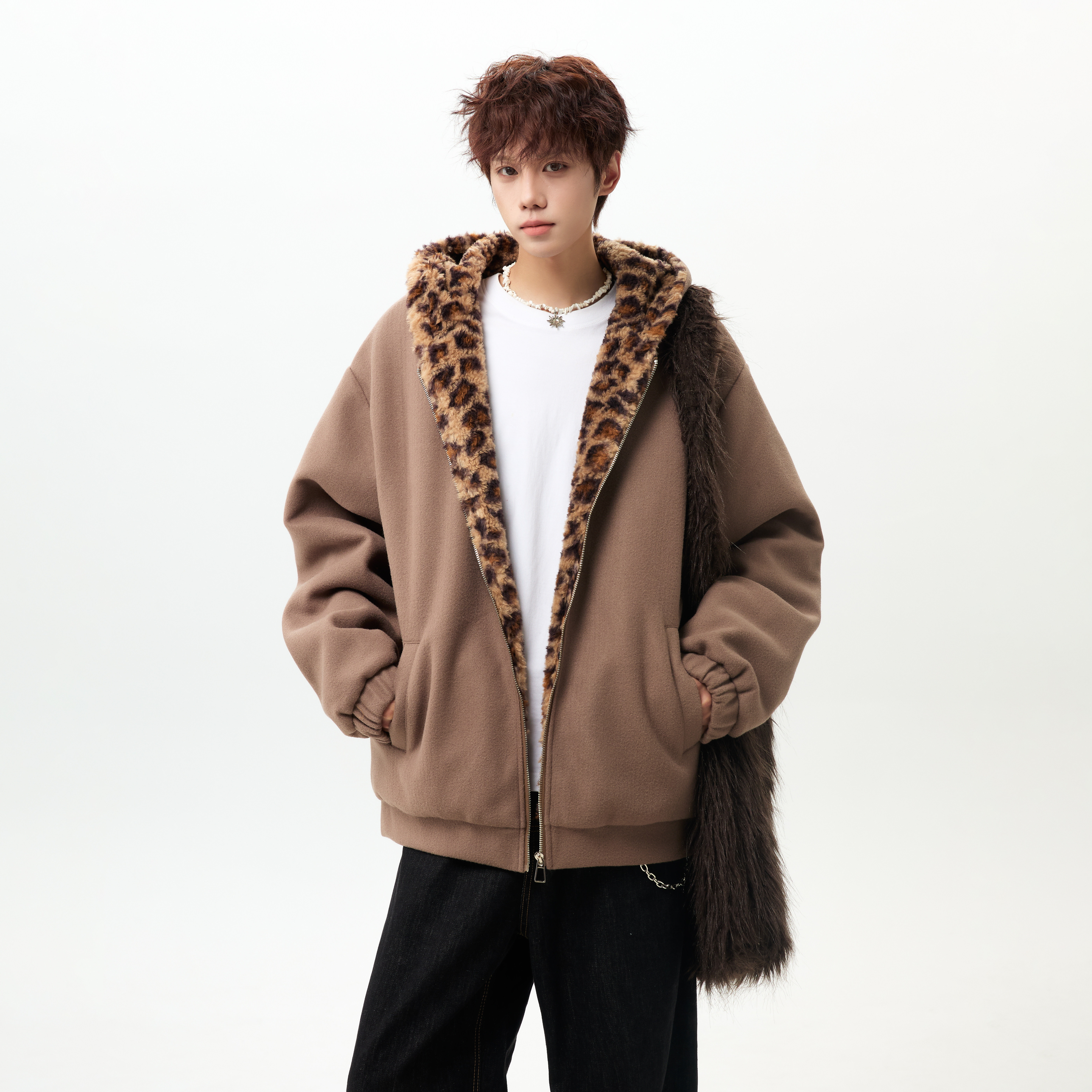 潮流呢料豹纹连帽开衫棉服外套A425-Y531-P138控188面料聚酯,男装棉衣,电商A425