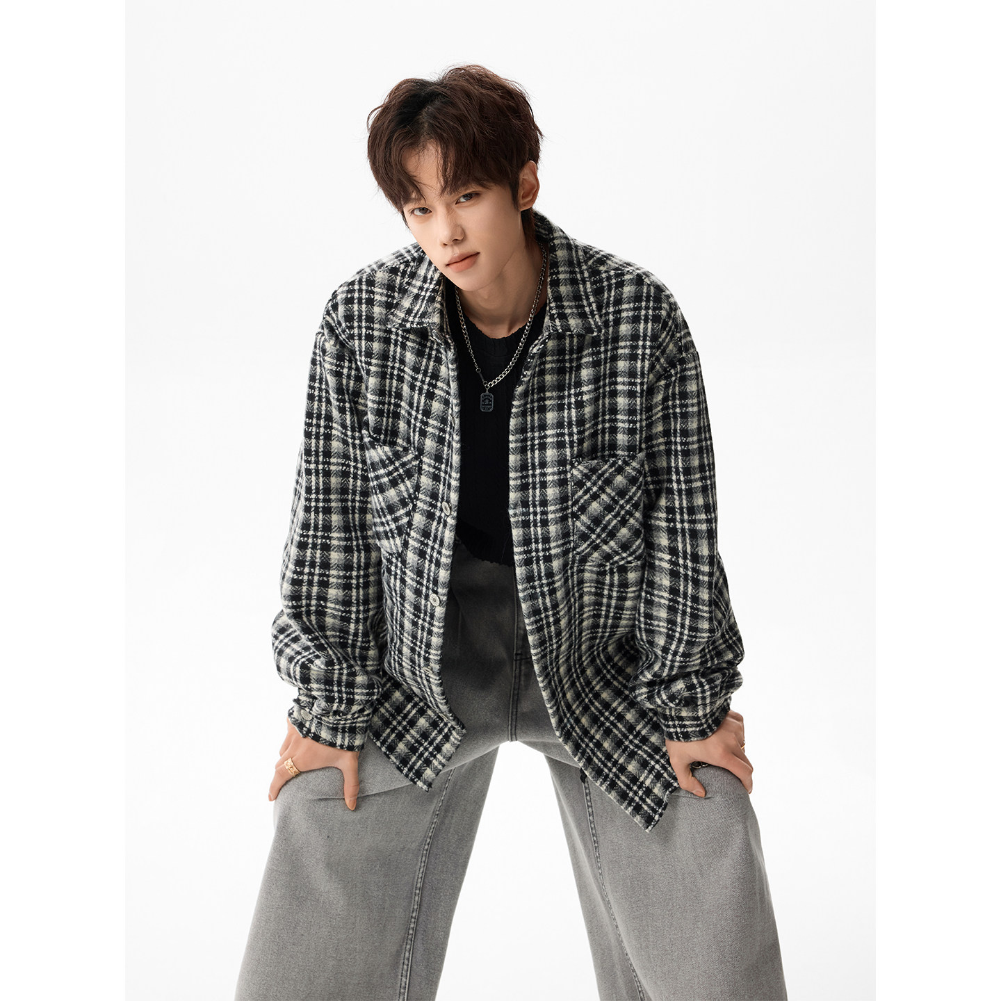 潮流格子呢料外套夹克A425-N985-控118面料聚酯-呢料，男装夹克，电商A425