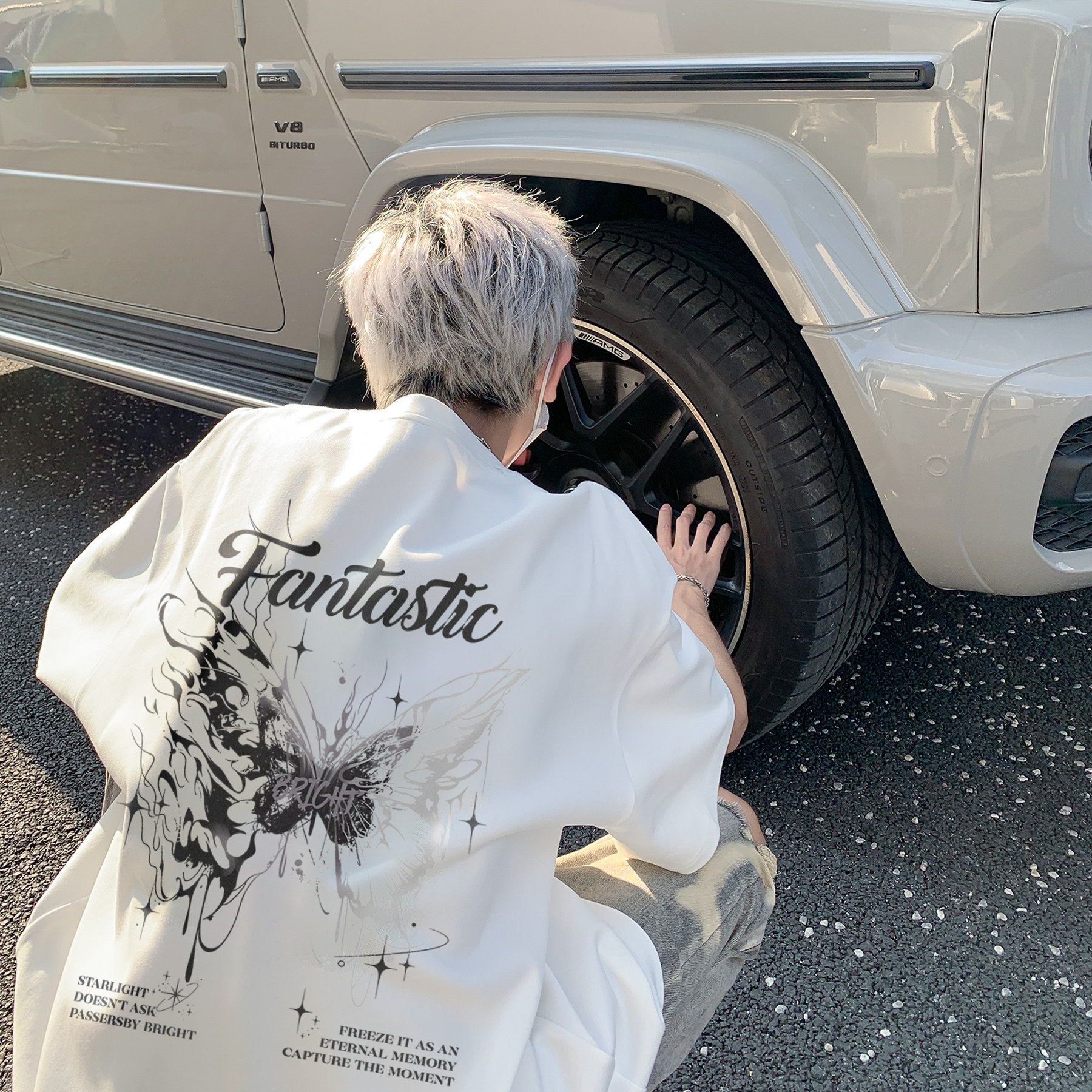 潮流蝴蝶字母排版短袖T恤A425-T4012-P35控48面料棉,男装T恤,电商A425