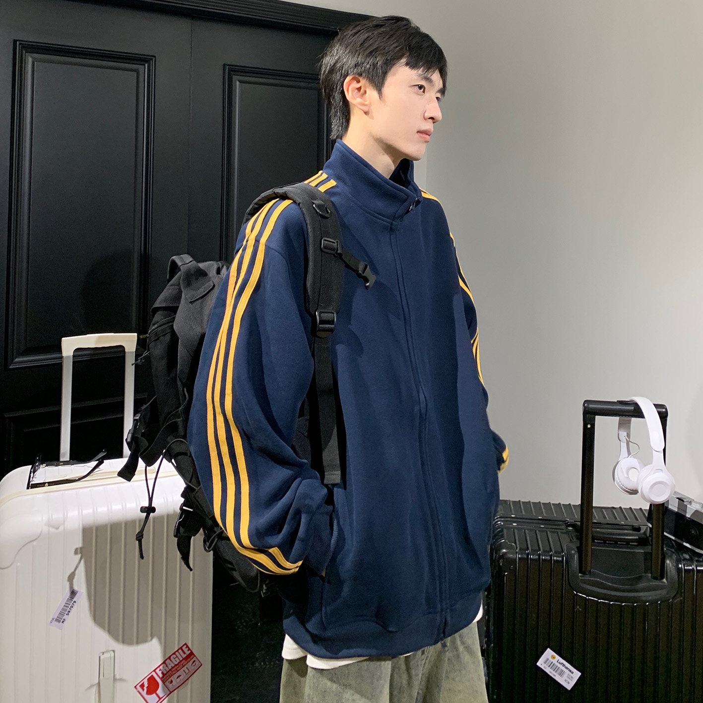 潮流百搭三条杠夹克外套男A425-W6306-P88控118面料65%棉35%聚酯,男装夹克,电商A425