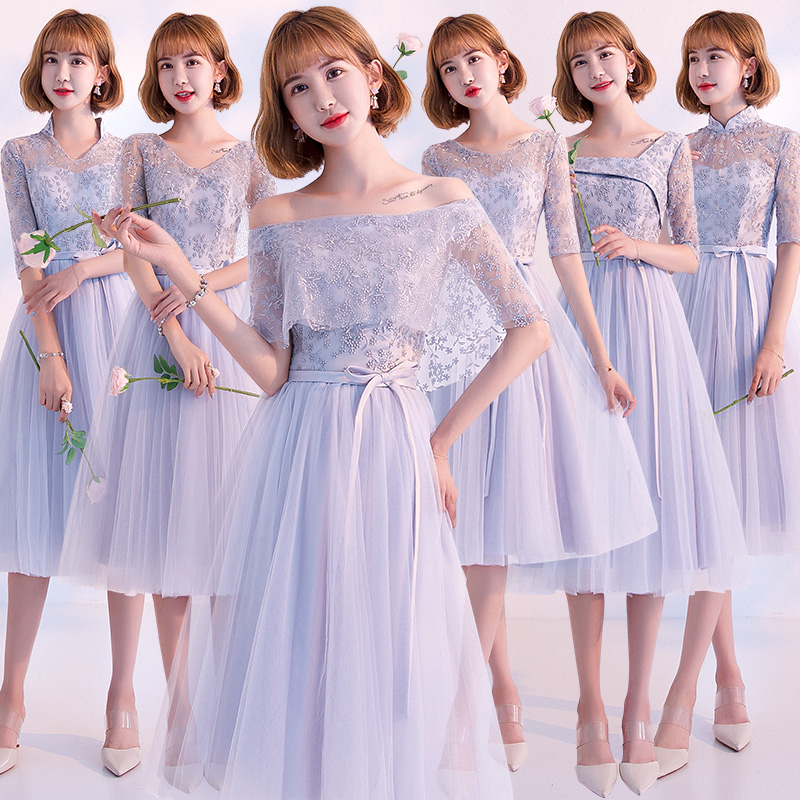 伴娘服中长款女2018秋季新款韩版灰色伴娘裙姐妹团显瘦毕业晚礼服