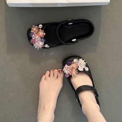 华丽公主风珍珠蝴蝶结洞洞鞋女2026夏季包头凉鞋仙女一脚蹬休闲鞋
