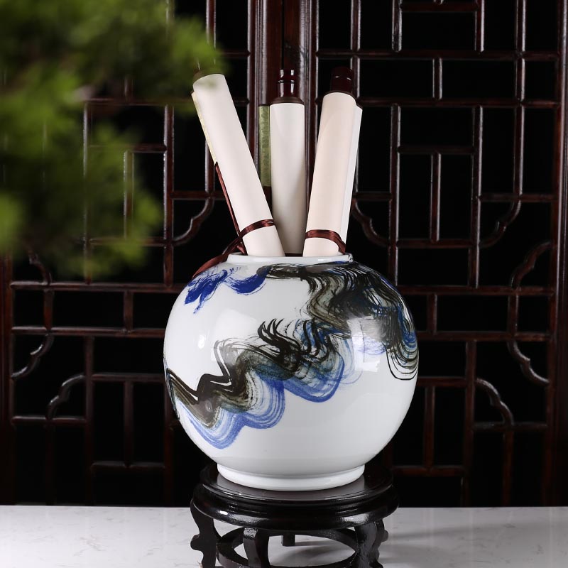 中式水墨云雾陶瓷字画收纳缸书画卷轴缸花瓶样板房售楼处书房摆设