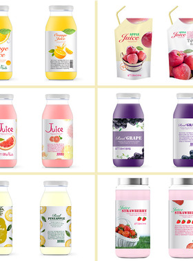 水果饮料橙葡萄草莓西瓜柠檬菠萝汁包装瓶袋海报PSD设计素材92112