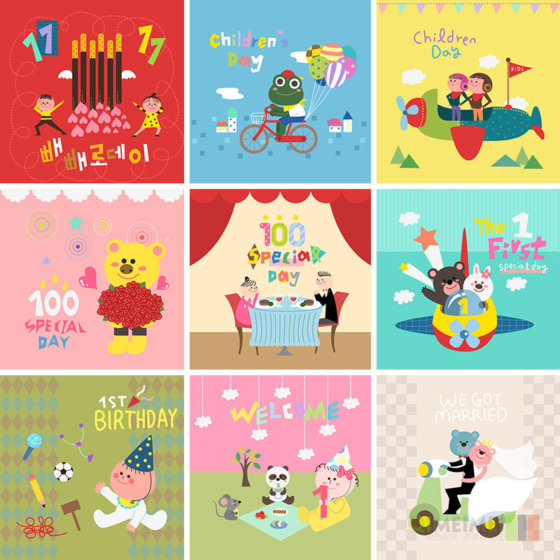 卡通动物儿童情人周岁节日庆祝插图绘画海报ai矢量设计素材101112
