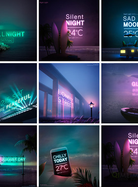 创意彩色霓虹灯夜晚星空英文海报PSD分层平面设计素材模版70502