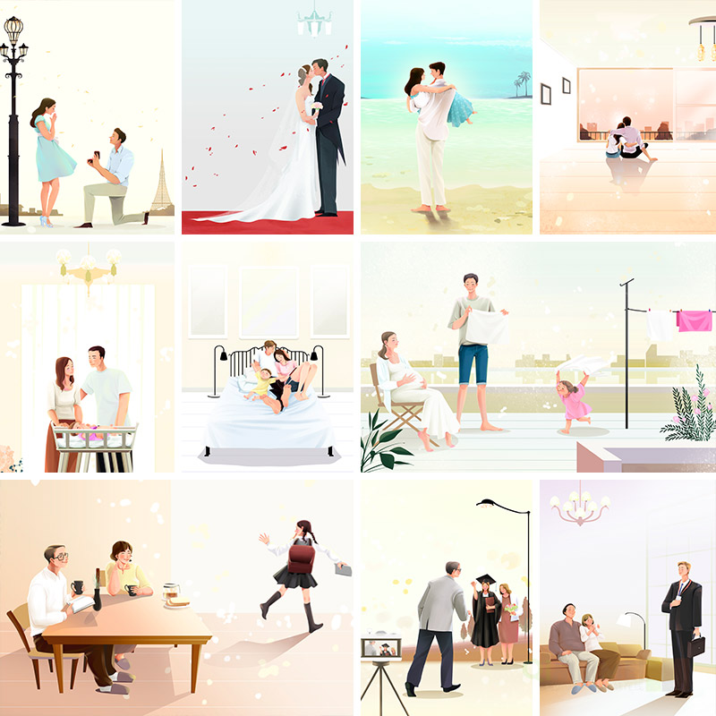 卡通手绘画人的一生各阶段结婚生子陪伴插图PSD设计素材模板60702