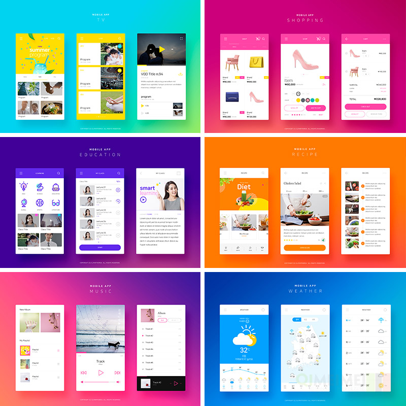 电商餐饮旅行音乐天气运动移动手机APP页面PSD设计素材模板82610