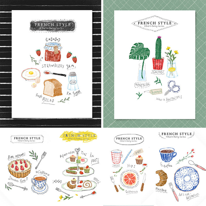 手绘法国餐饮美食西餐蛋糕咖啡植物面包插图psd设计元素材102402