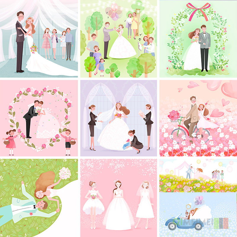 手绘卡通温馨浪漫婚礼婚纱照场景插图海报psd设计素材模板122413