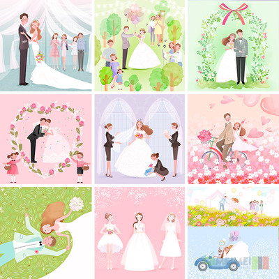 手绘卡通温馨浪漫婚礼婚纱照场景插图海报PSD设计素材模板122413