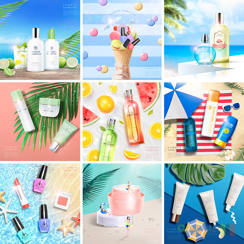 彩色夏季化妆品护肤品防晒霜彩妆指甲油海报psd设计素材950913