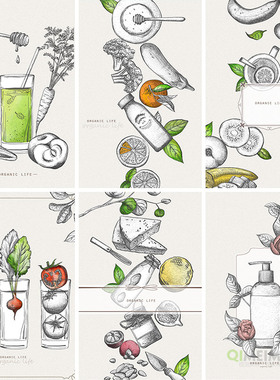 手绘抽象艺术蔬菜水果饮料化妆护肤品插图海报PSD设计素材120403