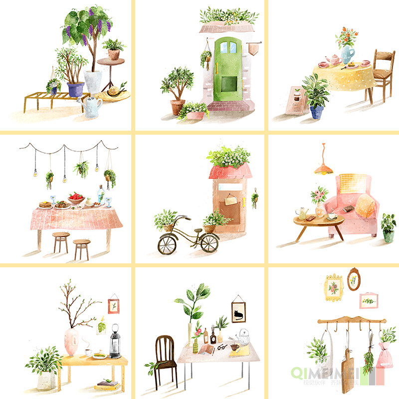 手绘小清新家居装饰绿色鲜花植物绿植插图海报psd设计素材921414