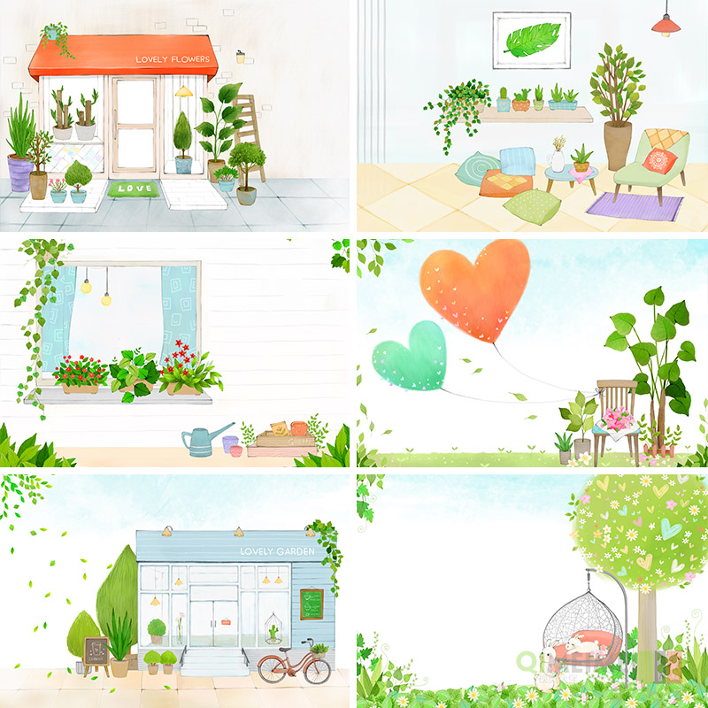 手绘绿色植物春天鲜花绿植花园插图海报背景psd设计元素材932709
