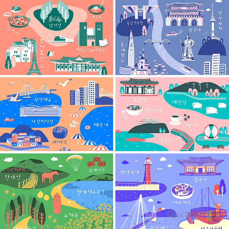 手绘卡通韩国旅游景点地标建筑风景场景插图psd设计元素材121811