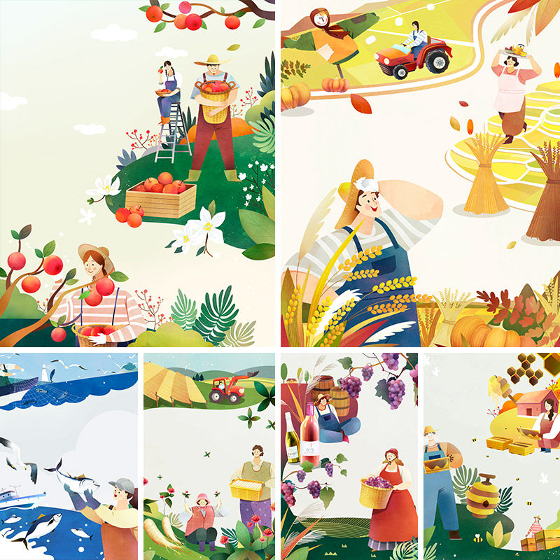 手绘卡通农民伯伯果实大丰收场景插图海报psd分层设计素材111409