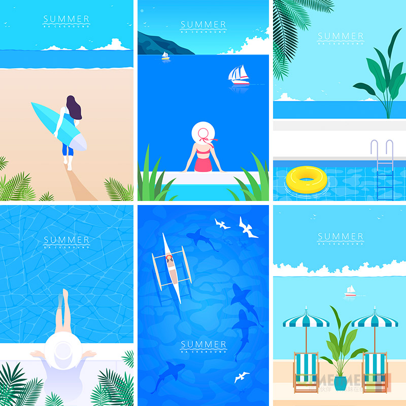 手绘夏天场景旅行度假大海沙滩泳池插图海报ai矢量设计素材962608