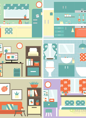 手绘家居装饰厨房书房客厅卧室厕所场景插图ai矢量设计素材950804