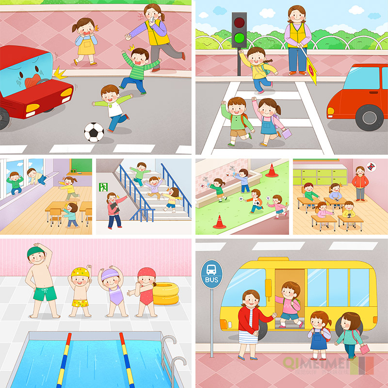 手绘卡通儿童学校过马路游泳安全教育插图海报PSD设计素材112913